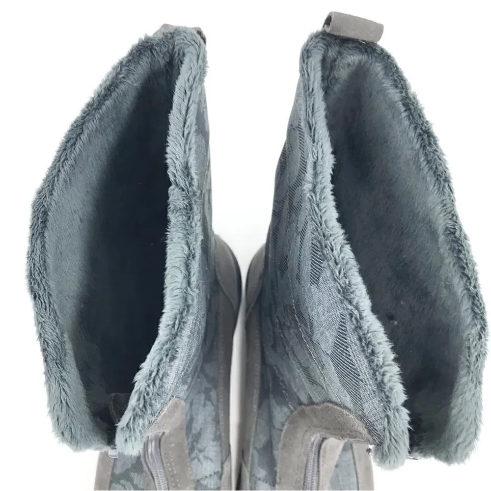 Land’s End Gray Suede Floral Canvas Front Zip Faux Fur Lined Thermolite Boot NEW